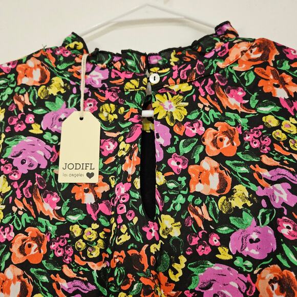 NWT Jodifl Tiered Balloon Sleeve Floral Dress Ruffle High Neck Sz Large Colorful - Picture 4 of 10